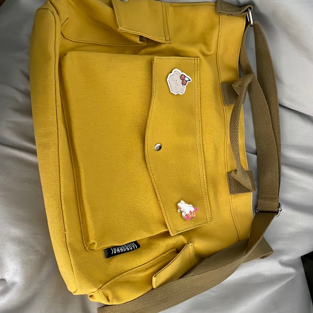 Yellow Canvas shoulder med/largish bag. Handmade & Adjustable strap